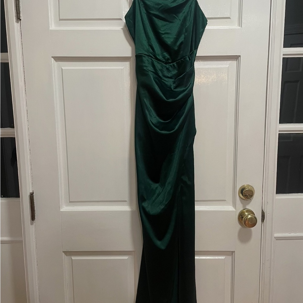 Lulu's Emerald Green Satin Draped Prom Gown